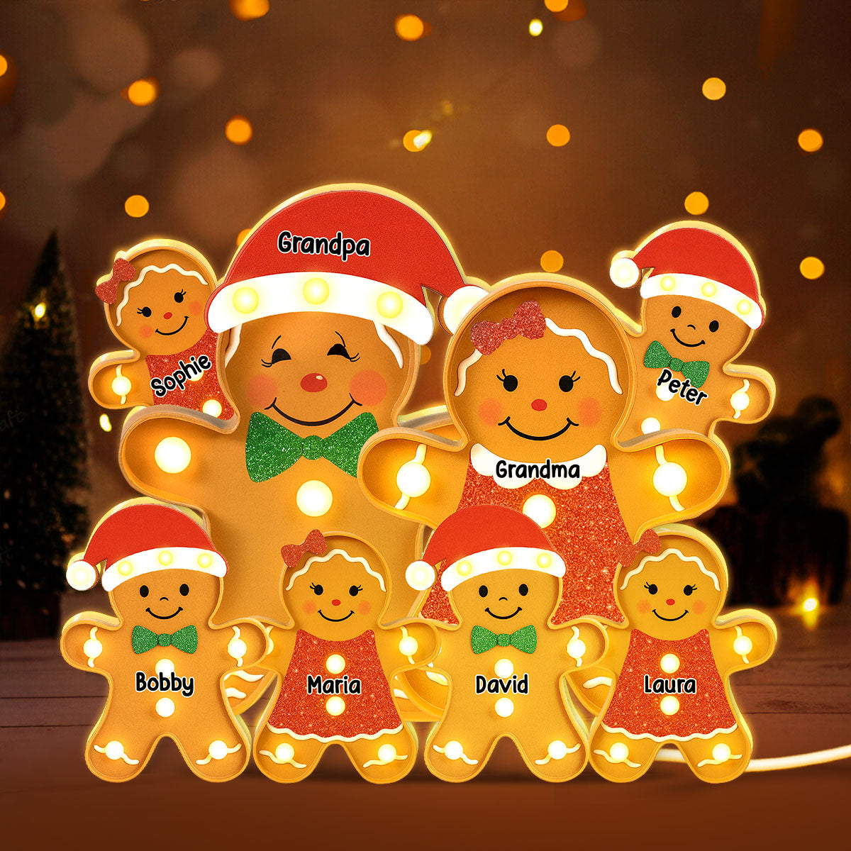 Gingerbread Family Marquee Effect Personalized LED Light Box, Christmas Decoration