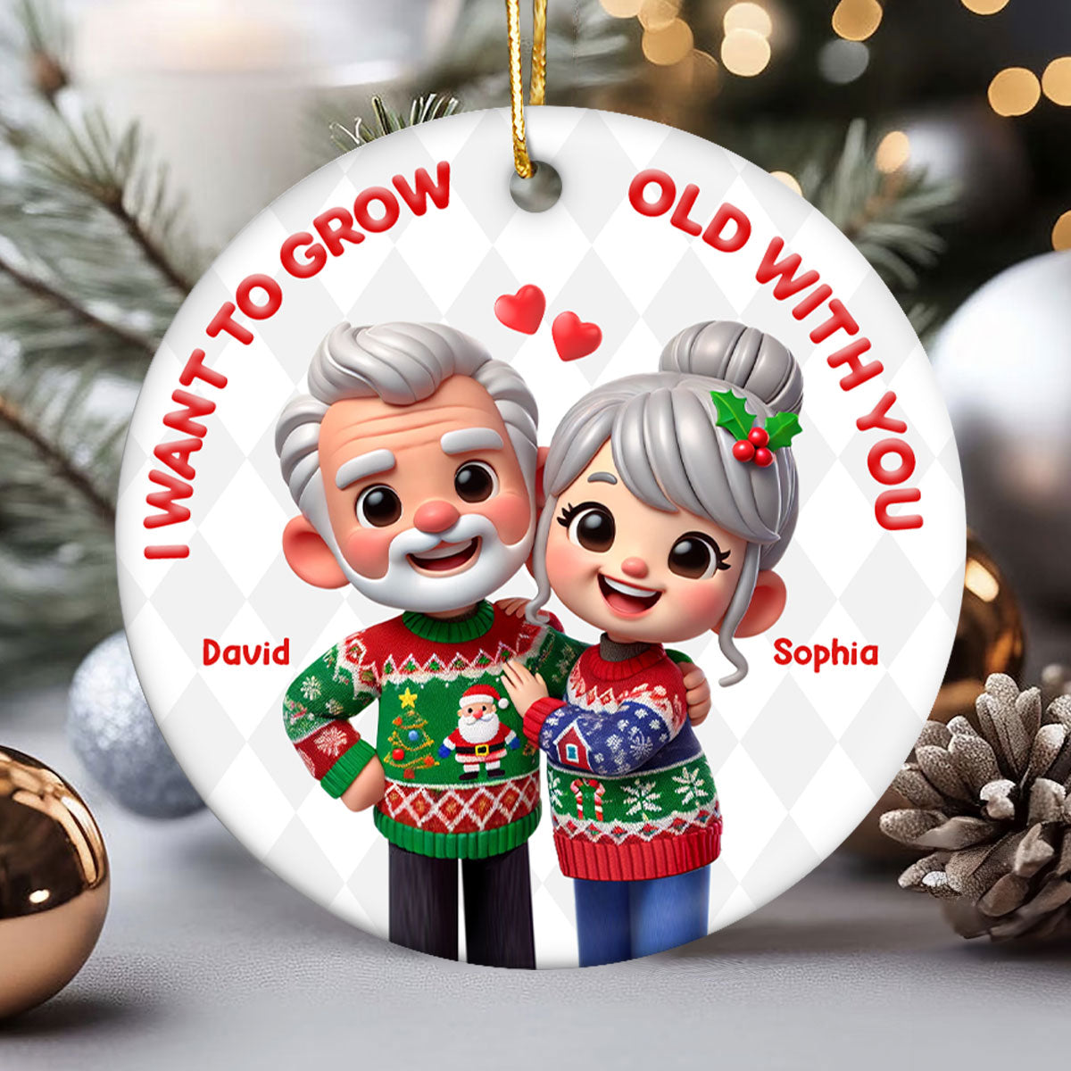 Funny Cartoon Couple I Want To Grow Old With You Christmas Personalized Ceramic Ornament