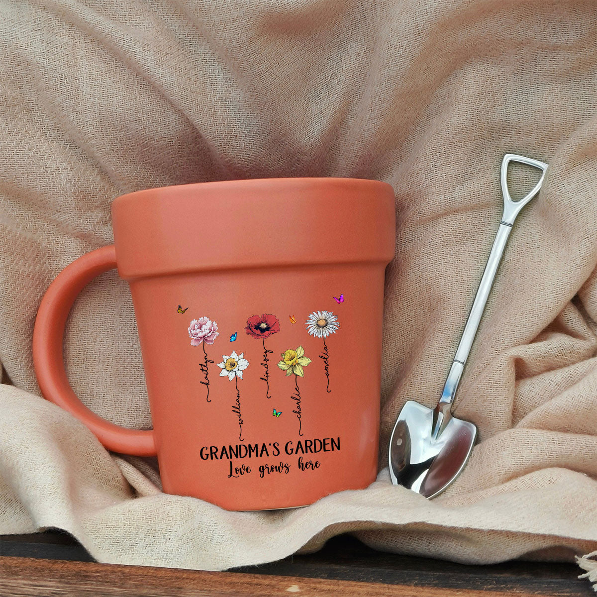 Grandma's Garden Love Grows Here Vintage Birth Month Flower Personalized Plant Pot Ceramic Mug