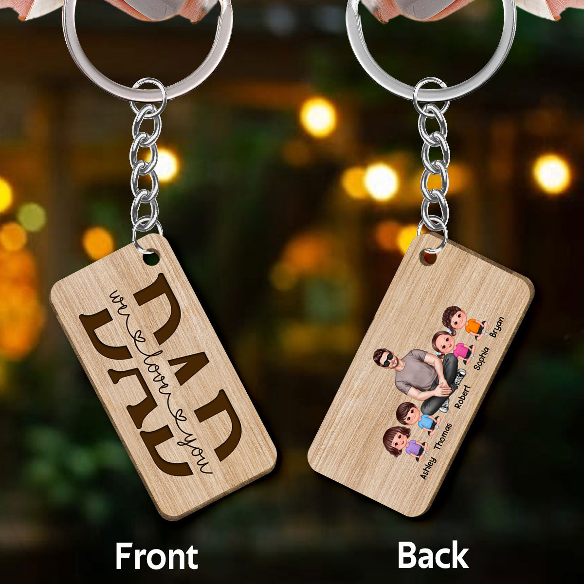 Best Dad Ever Realistic Man Sitting & Doll Kids Personalized Wooden Keychain