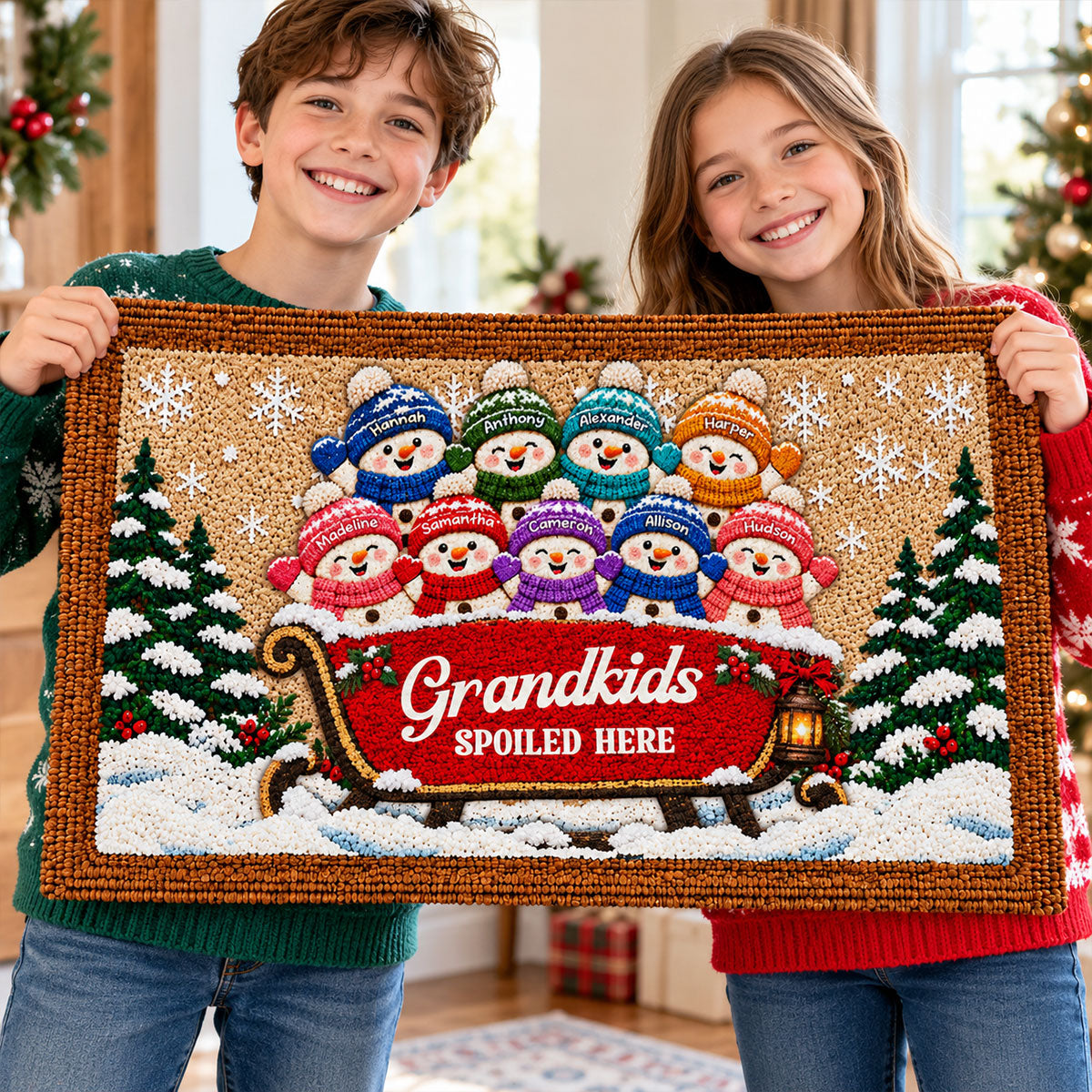 Welcome To Grandparents' Grandkids Snowman On Sleigh - Personalized Door Mat - Christmas Decor For Grandparents, Family