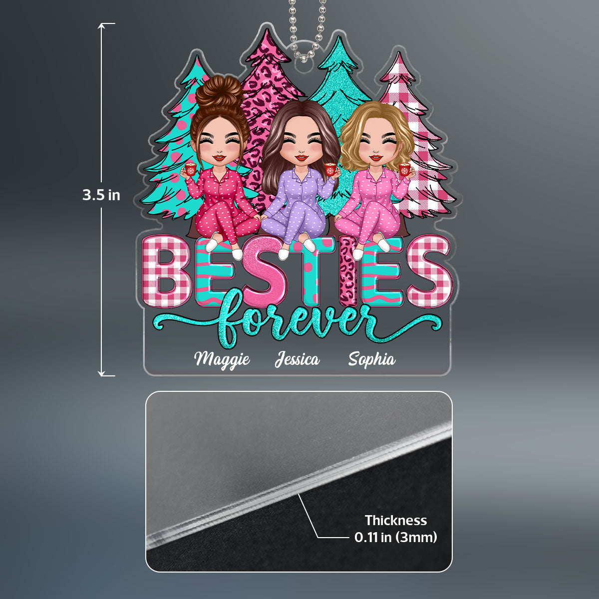 Pink And Teal Christmas Trees Besties Sisters Forever Personalized Acrylic Ornament