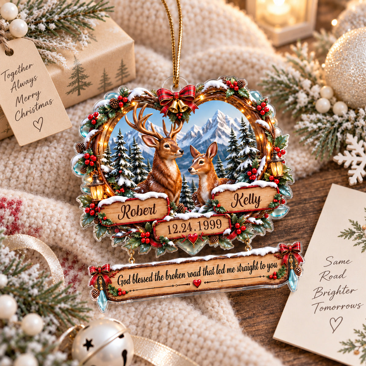 God Blessed the Broken Road Deer Couple - Personalized Acrylic Ornament - Christmas Gift for Him, for Her