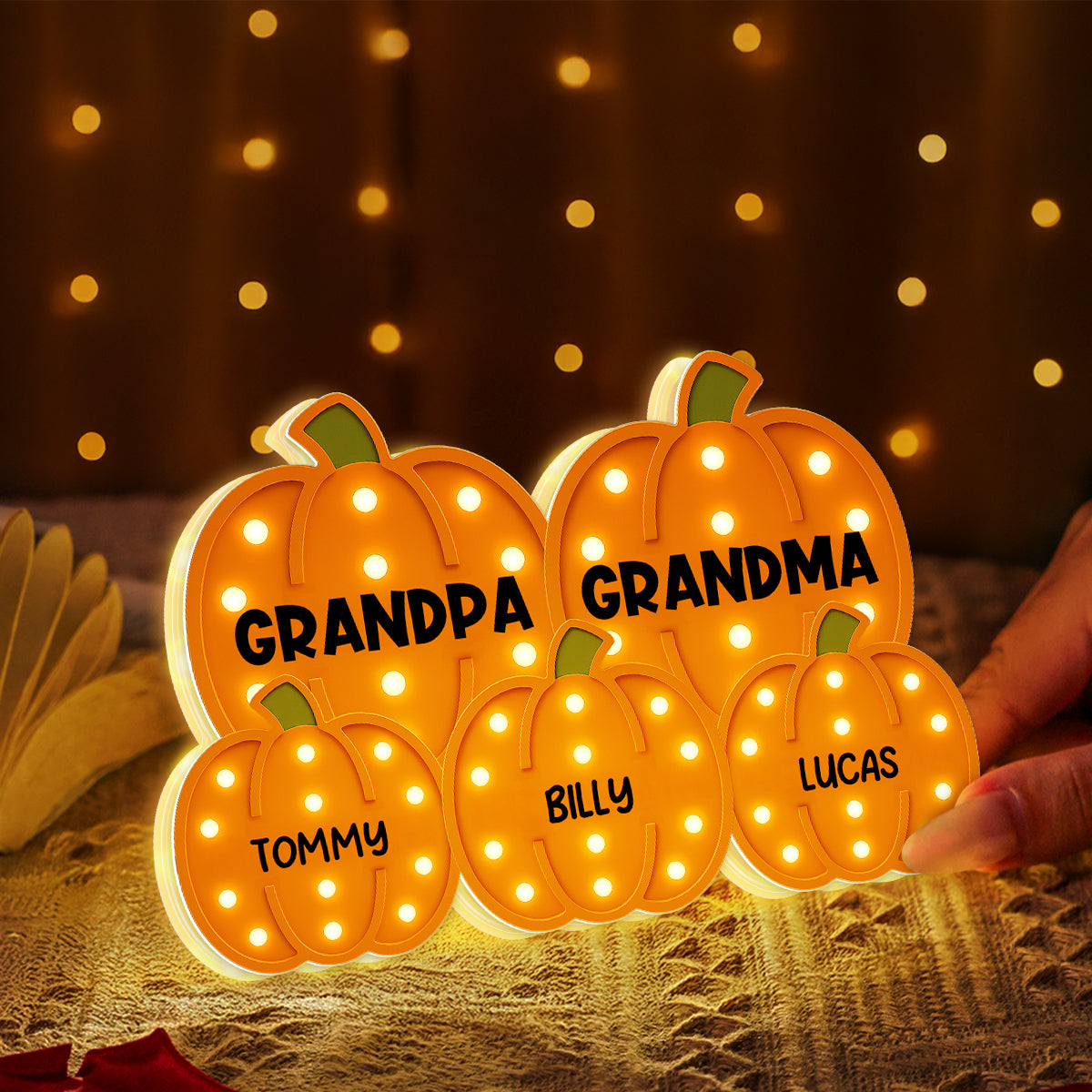 3D Effect Grandma Grandpa Grandkids Pumpkin Patch Marquee Pattern - Personalized Light Box - Cozy Fall Home Decor