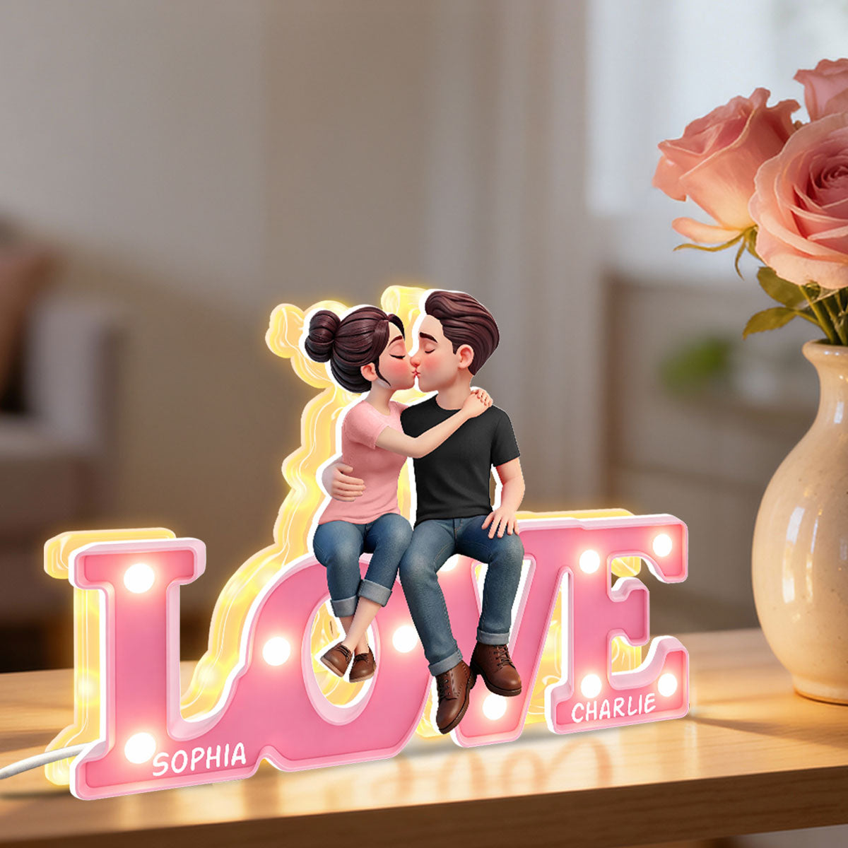 Everlasting LOVE Couple Sitting Kissing - Personalized Light Box - Valentine's Day Gift For Couple, For Him, For Her