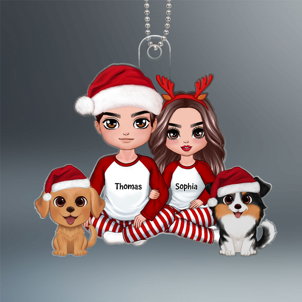 Doll Couple Sitting With Dog Christmas Personalized Acrylic Ornament