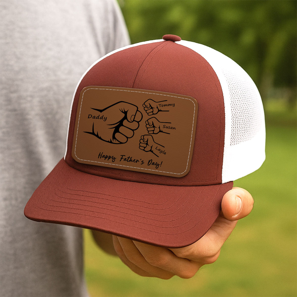 Daddy Grandpa Fist Bump Outline Personalized Leather Patch Hat, Father's Day gift