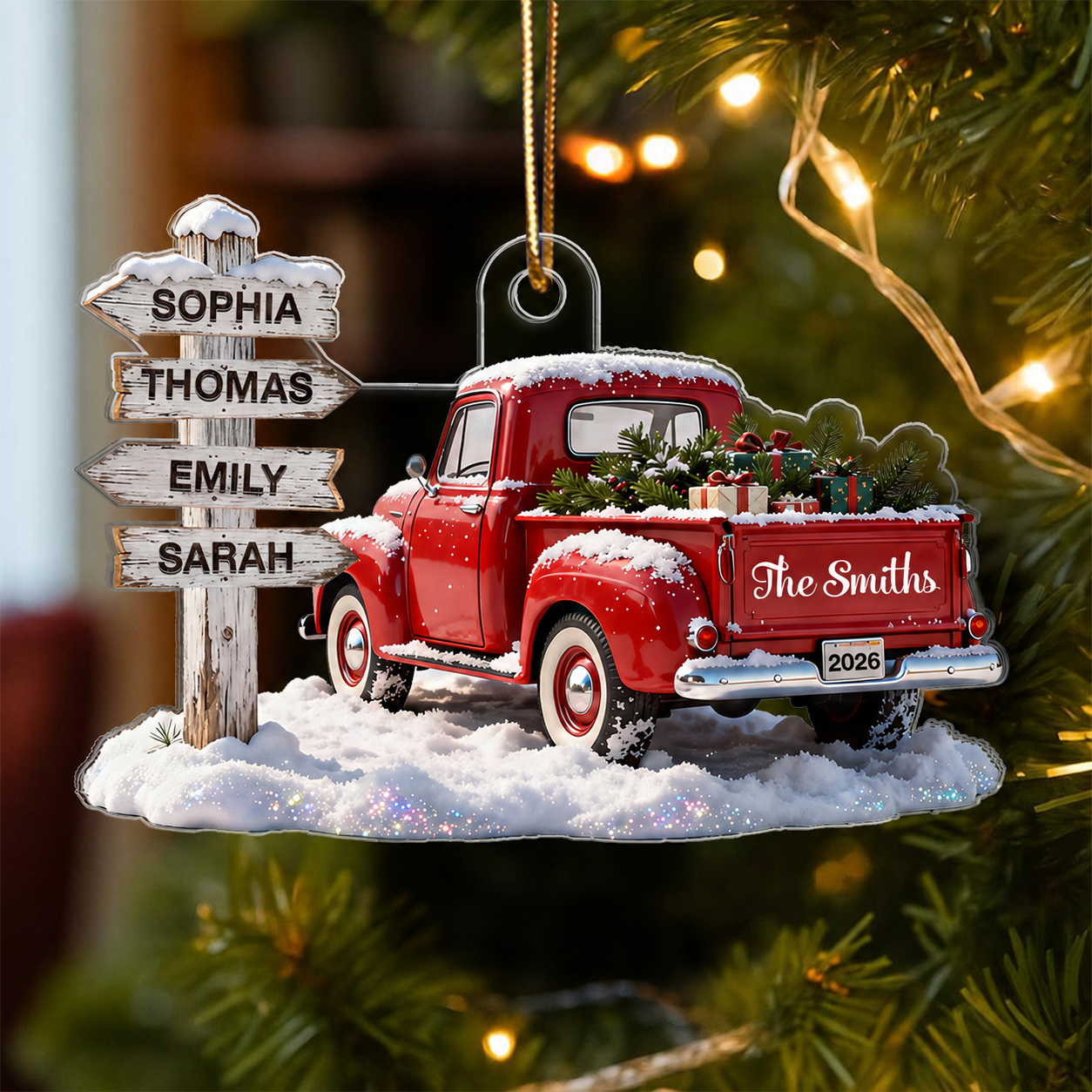 3D Effect Nostalgia Christmas Truck Family Sign Posts Custom Names - Personalized Acrylic Ornament - Gift For Family, Farmhouse Decor