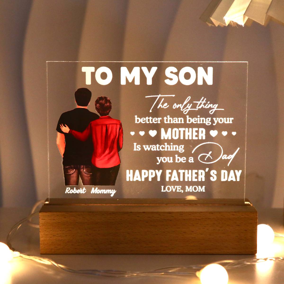 From Mom To Son Happy Father's Day Personalized Acrylic Warm LED Night Light, Heartfelt Gift For Son