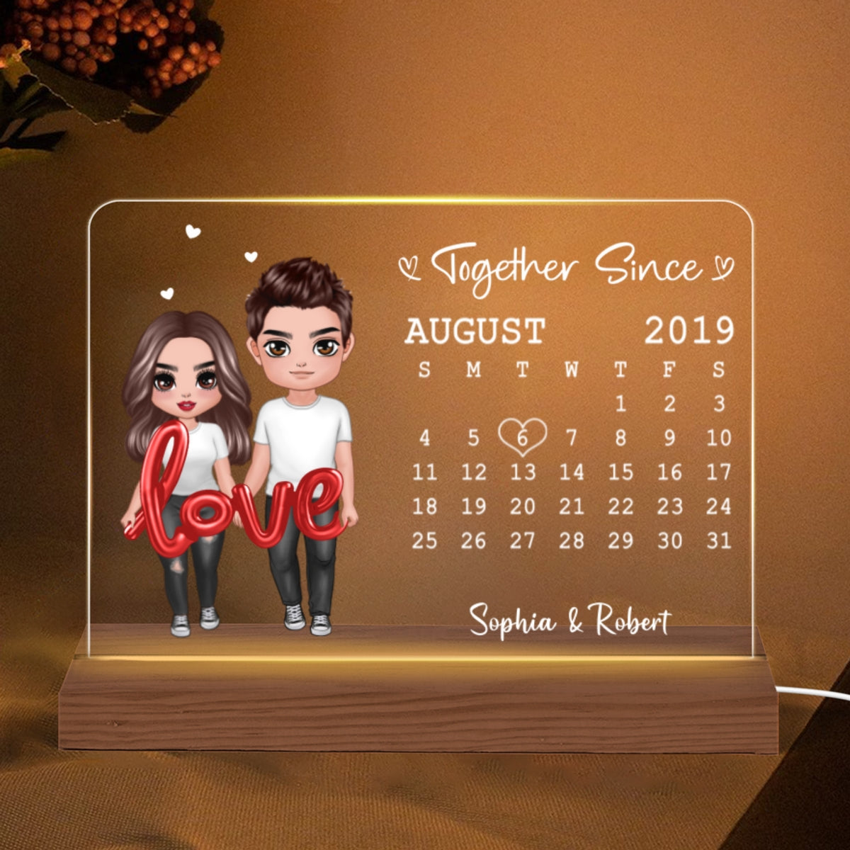 Love Balloon Standing Couple Calendar Personalized Custom Shape Acrylic Plaque LED Night Light - Gift For Him Gift For Her
