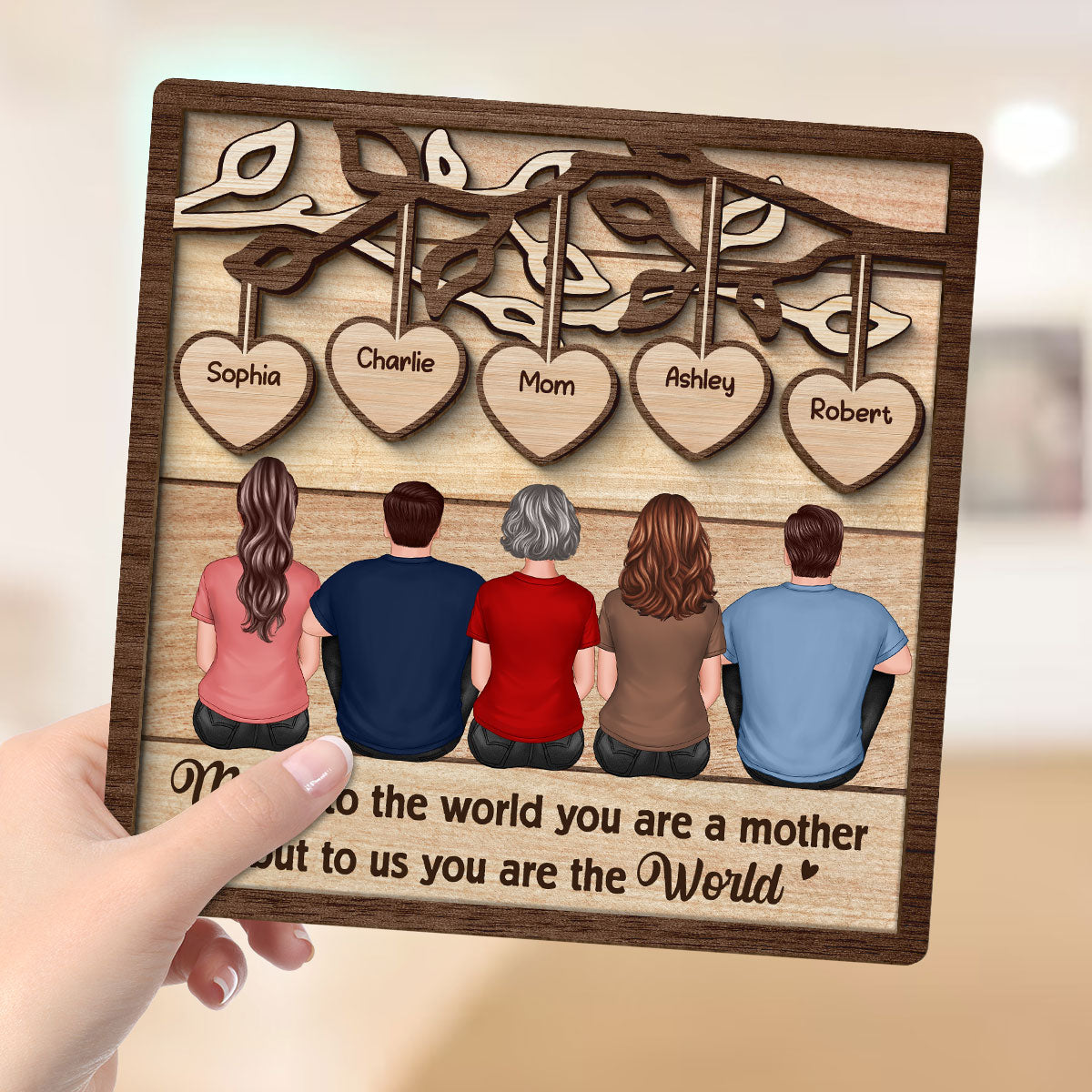 Back View Mom And Daughters Sons Sitting Under Heart Tree Gift For Mom Personalized 2-Layer Wooden Plaque