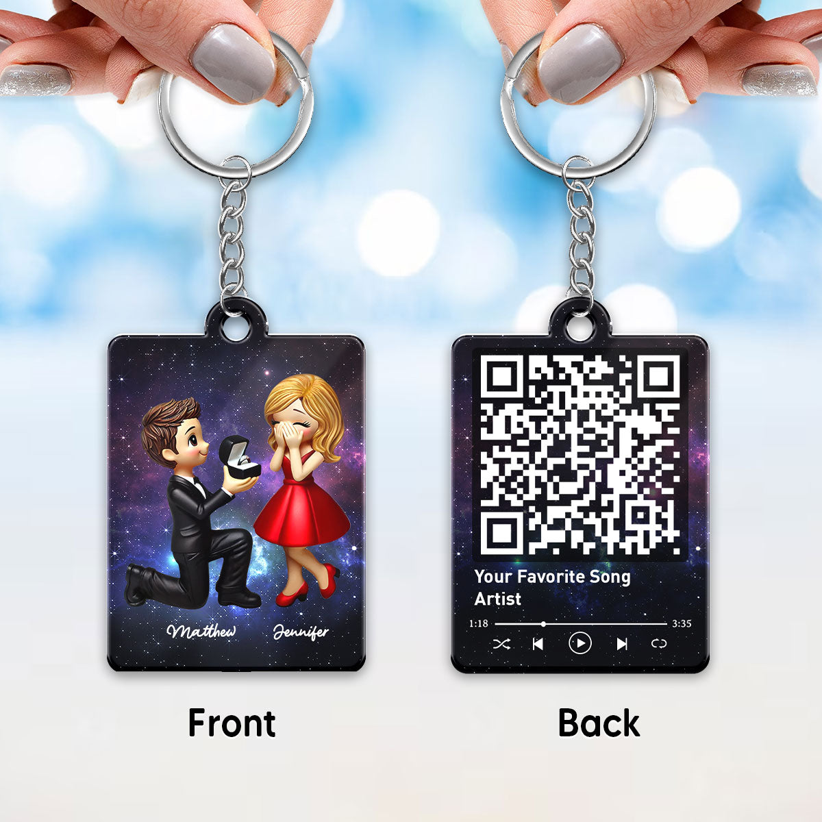 Couple In Galaxy Night Personalized Acrylic Flat Keychain, Just Engaged  Gifts for Couples, Favorite Song Scannable QR Code