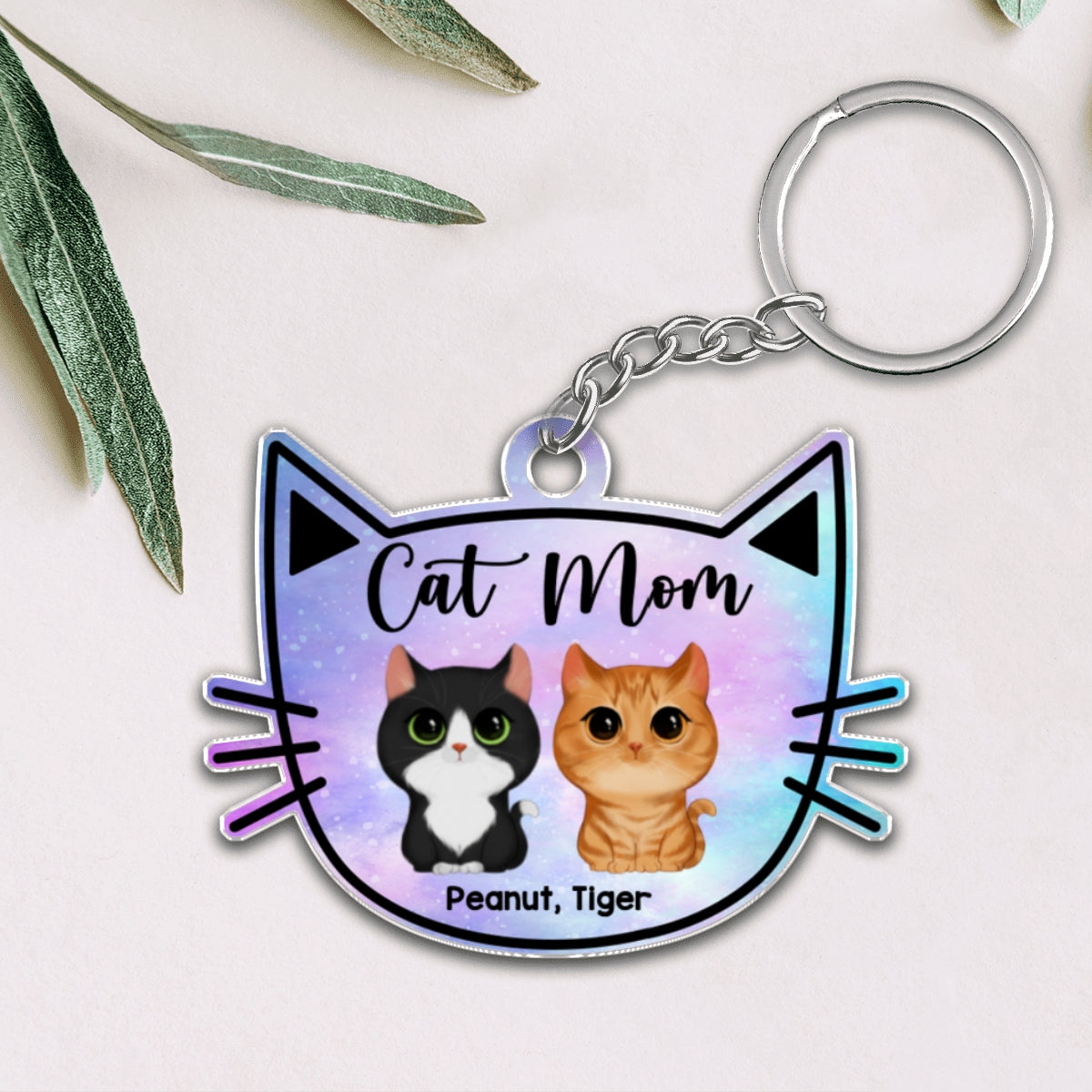 Galaxy Cat Mom Watercolor Cute Cats Cat Face Shape Personalized Acrylic Keychain