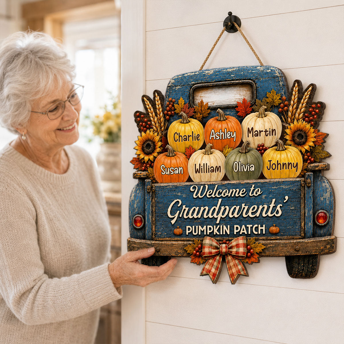 Trending Pumpkins On Truck - Personalized Wood Sign - Fall Season Decoration For Grandparents