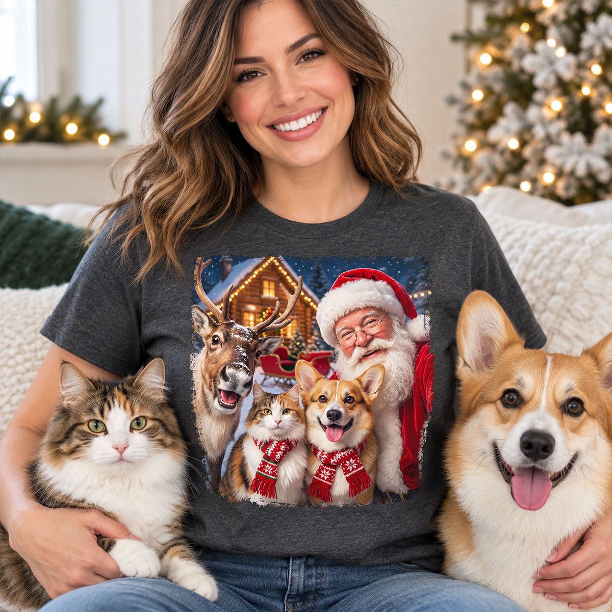 Dog Cat Selfie with Santa - Personalized Shirt - Funny Christmas Gift for Pet Lovers