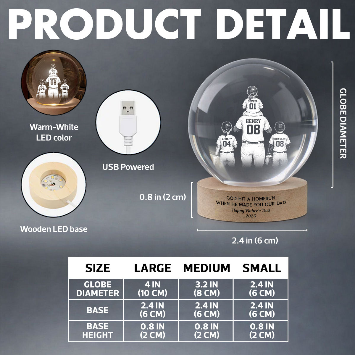We Caught the Best Dad - Personalized Crystal Ball LED Night Light - Father's Day Gift for Dad, Husband