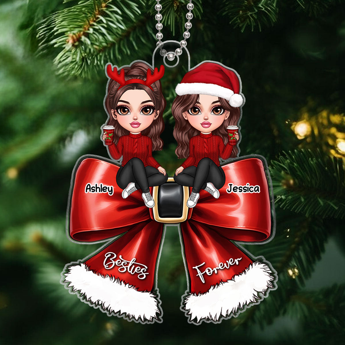 Christmas Red Coquette Bow Best Friends Personalized Acrylic Ornament, Christmas Gift For Besties