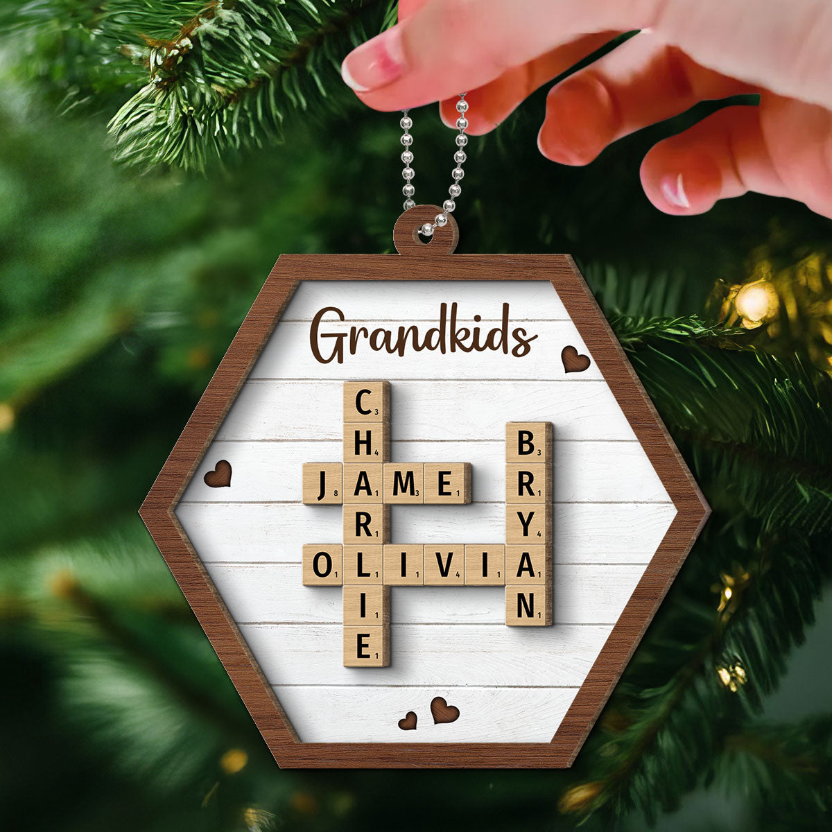 Grandkids Crossword Puzzle Art Personalized Hexagon Shaped 2-Layer Wooden Ornament, Christmas Gift For Grandma, Gift For Mom