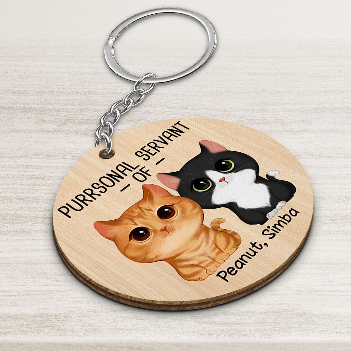 Purrsonal Servant Of Watercolor Cute Cats Personalized Wooden Keychain