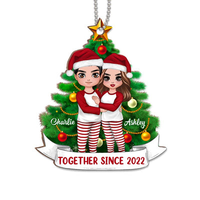 Pajamas Doll Couple Standing Christmas Tree Personalized Wooden Ornament