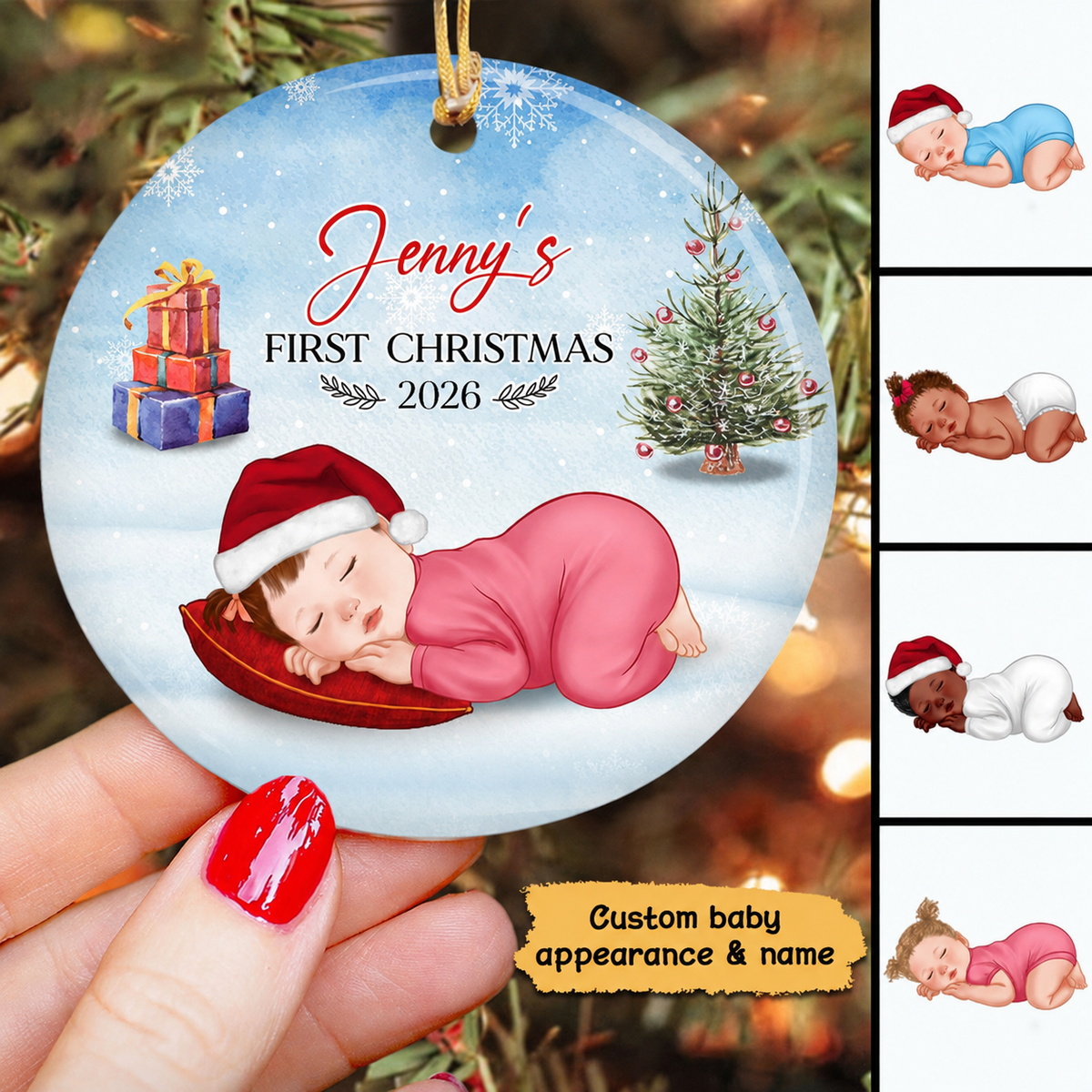 Baby First Christmas Newborn Christmas Tree Personalized Circle Ornament