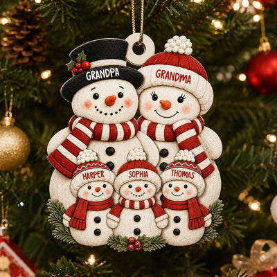 Cute Snowman Grandparents & Grandkids 2D Flat Printed - Personalized Wooden Ornament - Christmas Tree Decor For Family, Grandma, Grandpa