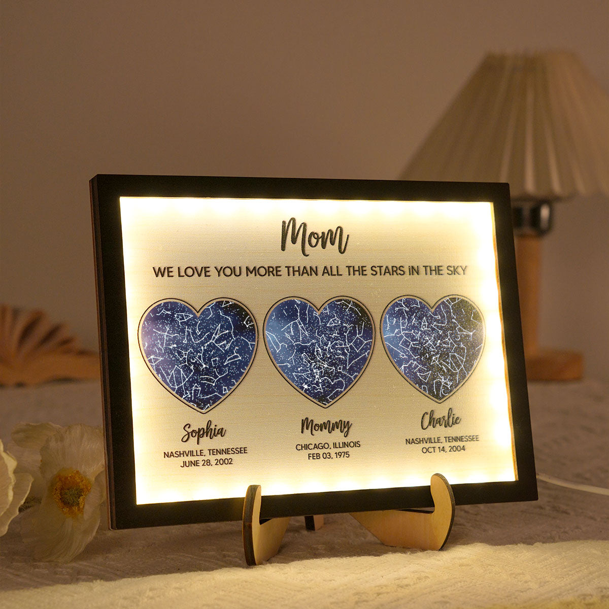 Mom We Love You More than All the Stars in the Ky, Custom Star Map by Location & Date, Personalized 2-Layered Wooden Plaque with LED, Gift for Mom from Daughter, Son, Heartfelt Gift