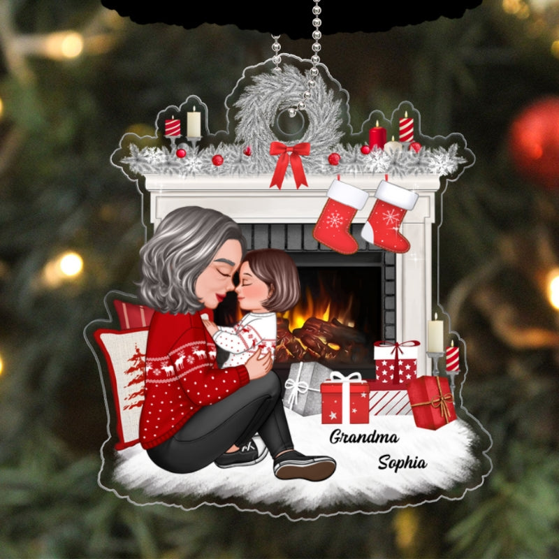 Grandma Mom Holding Kid Sitting Next To Christmas Fireplace Personalized Acrylic Ornament