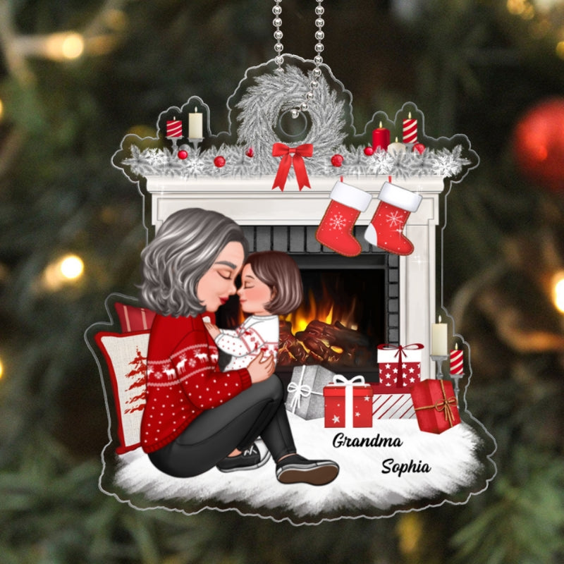 Grandma Mom Holding Kid Sitting Next To Christmas Fireplace Personalized Acrylic Ornament