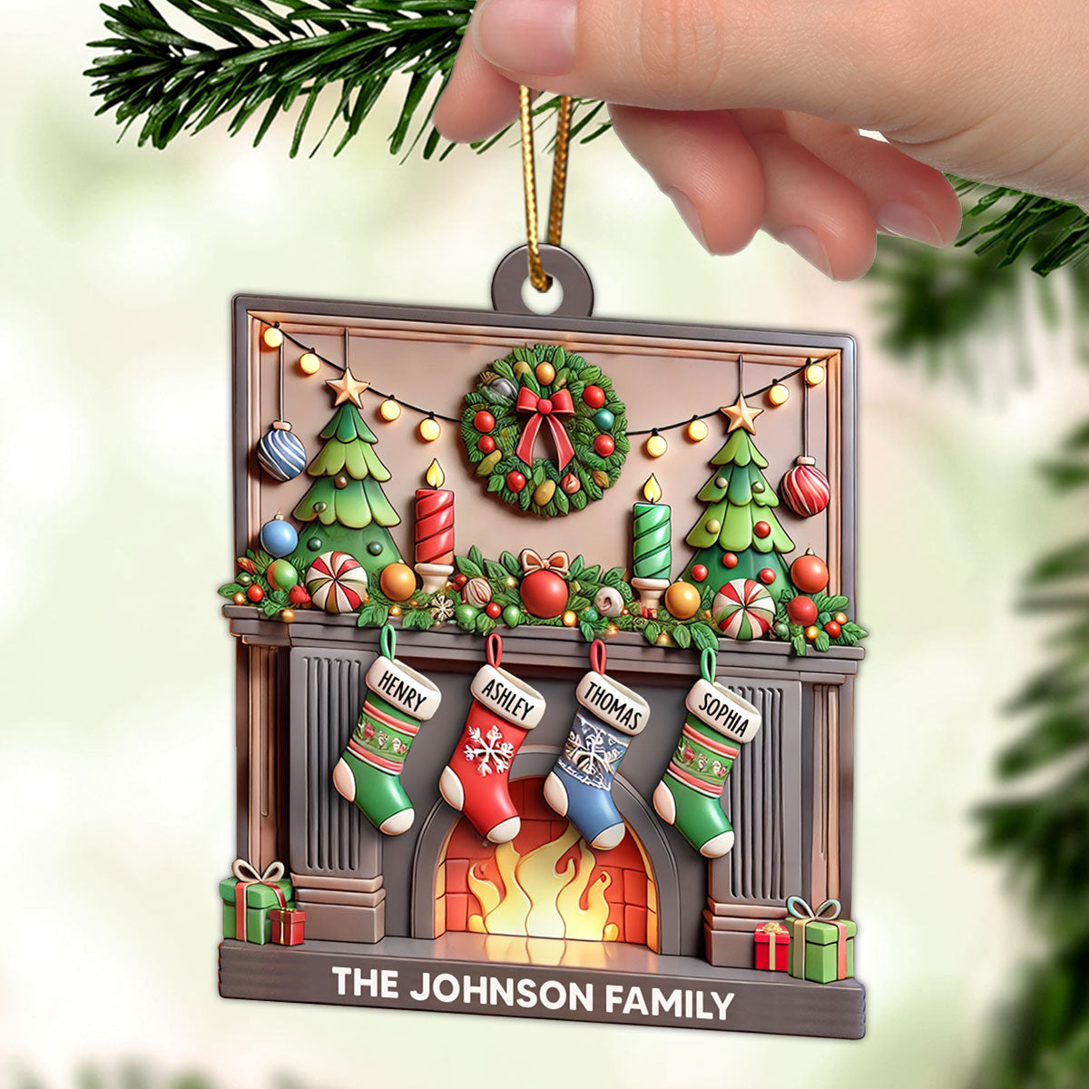 3D Family Christmas Stockings On Festive Mantel Personalized Acrylic Ornament