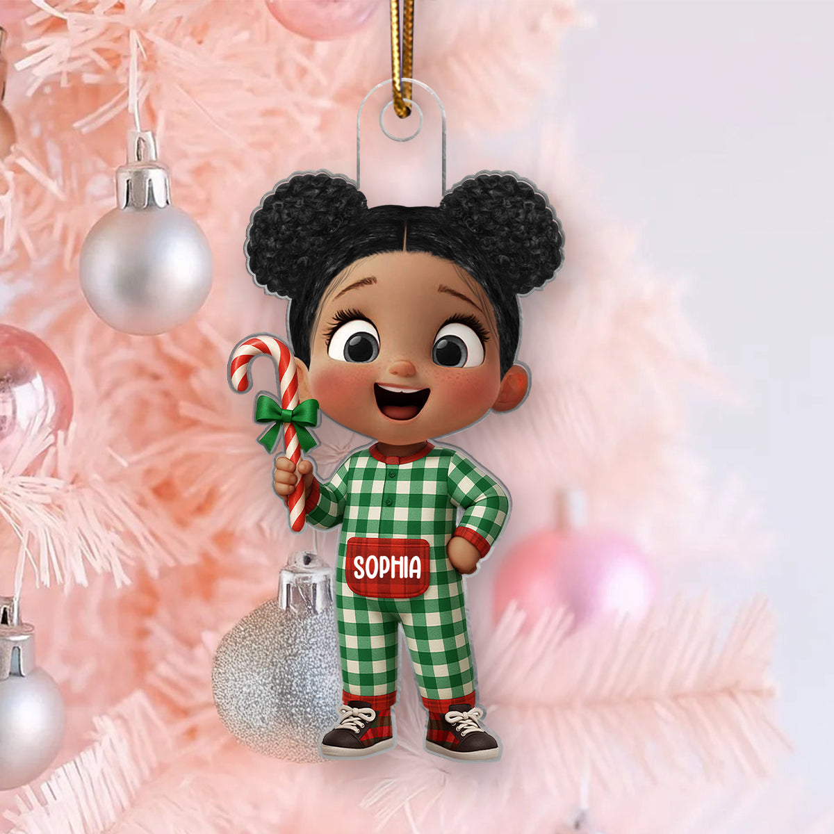 Cute Kids Pajama Personalized Christmas Ornaments, Christmas Gift for Kids, Grandkids, Plaid pajamas
