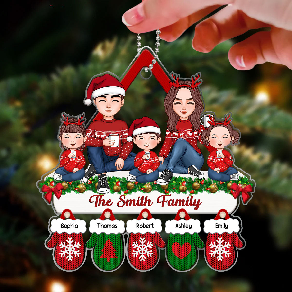 Cute Family Dad Mom Kids Dogs Cats Sitting On Fireplace Mantel Gloves Christmas Gift Personalized Acrylic Ornament