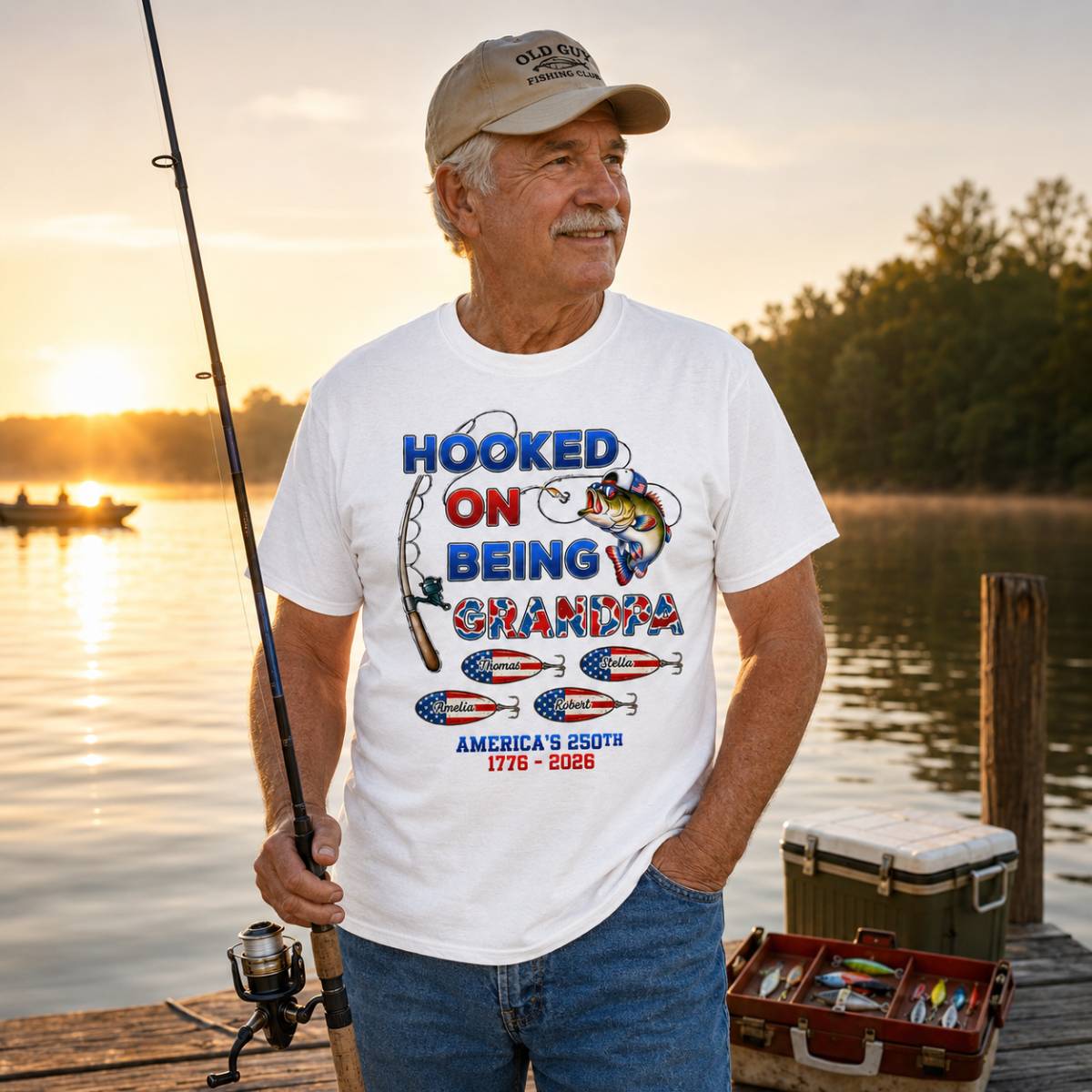 Fishing Grandpa Hooked On Freedom America 250th Anniversary - Personalized Shirt