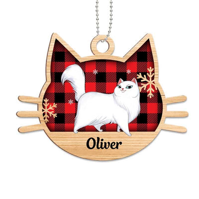 Checkered Cartoon Walking Cat Personalized Wooden Ornament