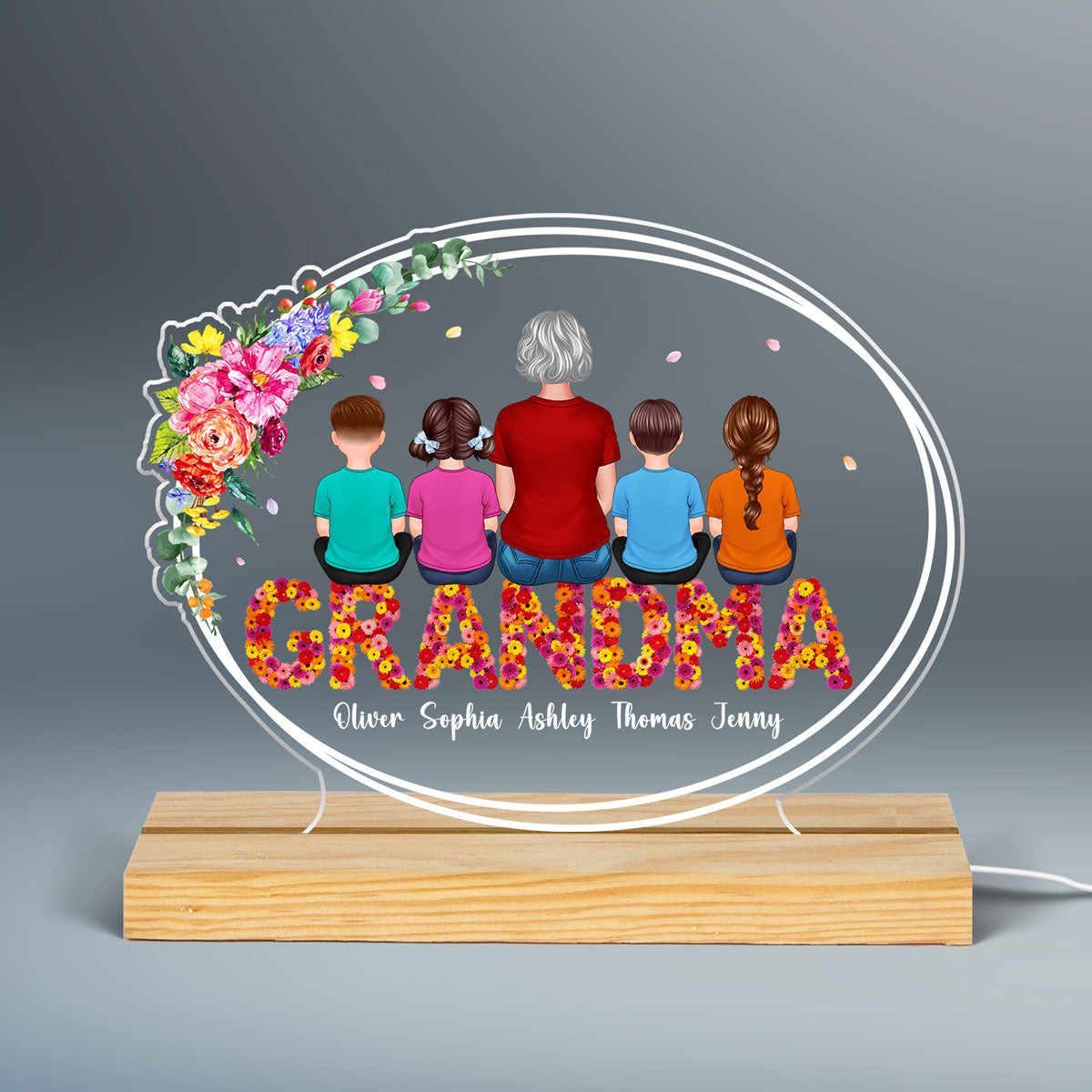 Floral Sitting Grandma With Grandchildren Personalized Custom Shape LED Night Light