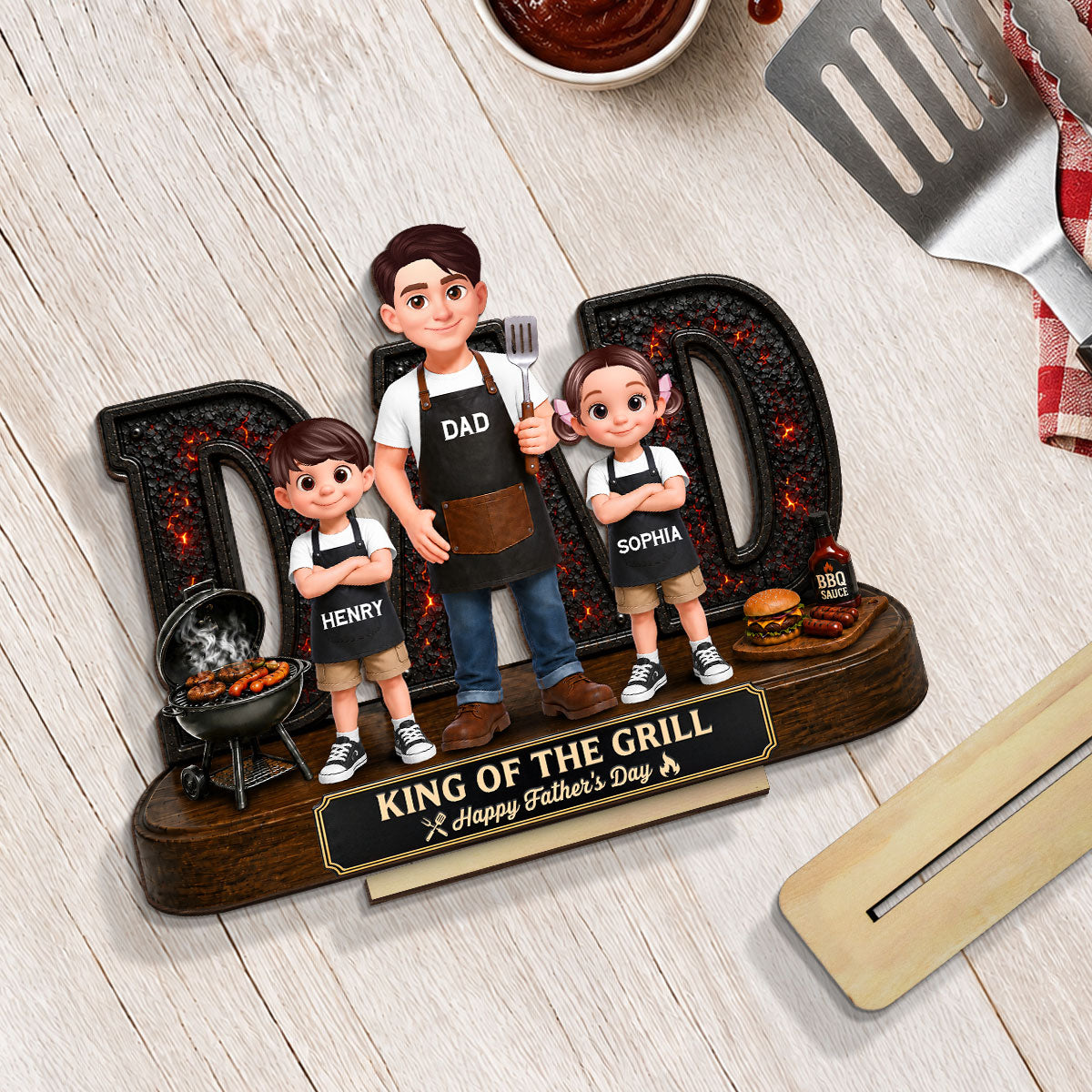 BBQ King Of The Grill Dad - Personalized Wooden Plaque - Father's Day Gift For Dad, Husband