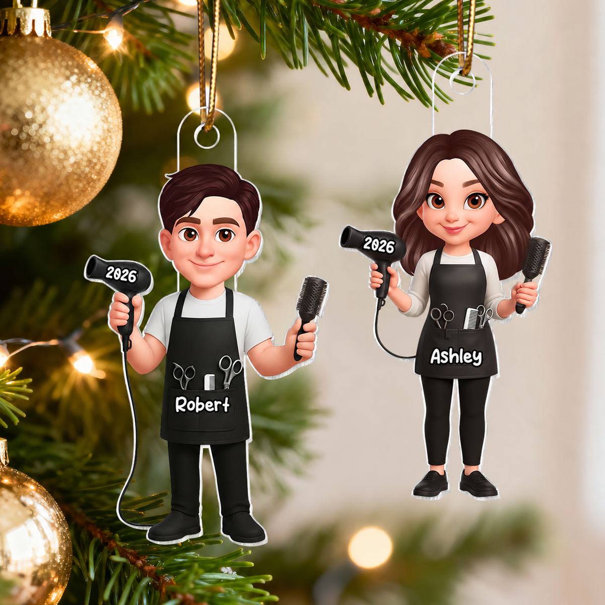 3D Effect Christmas Hairdresser Man Woman - Personalized Acrylic Ornament - Gift For Hairdressers
