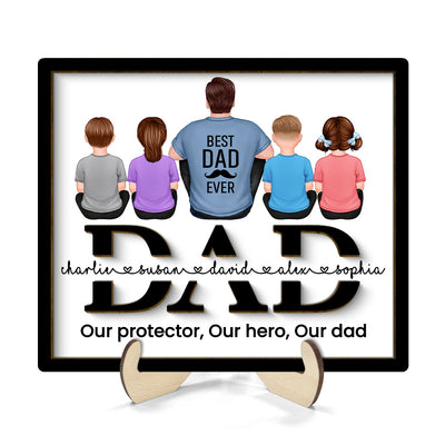 Dad And Kids Back View Sitting On Text Personalized 2-Layer Wooden Plaque