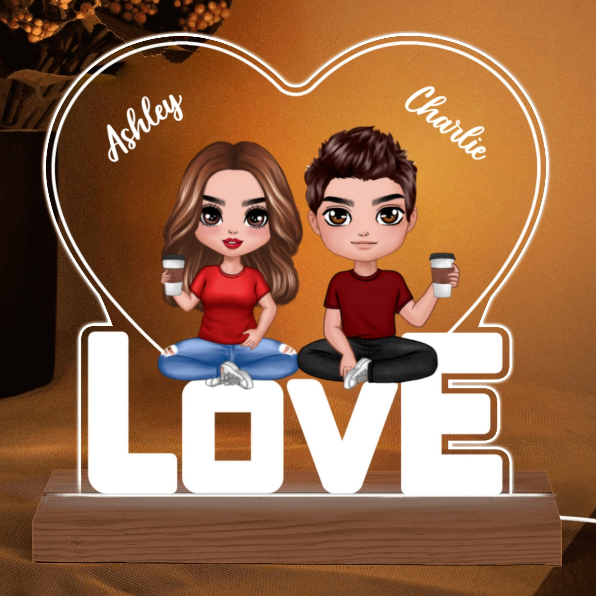 Doll Couple Sitting On LOVE Heart Personalized Custom Shape LED