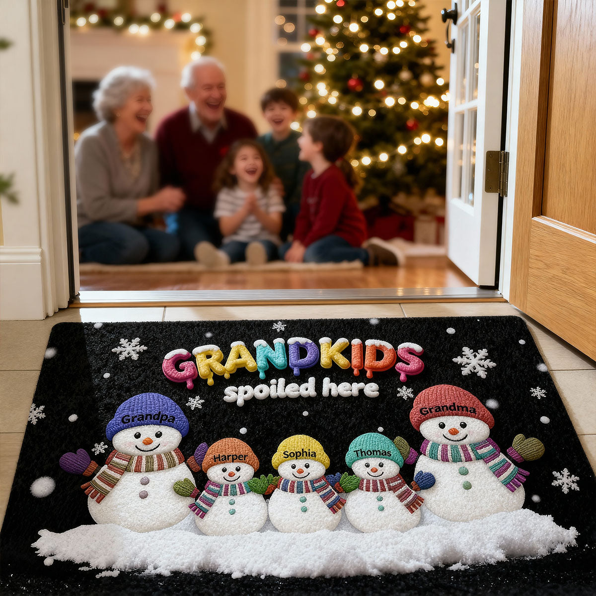 3D Effect Christmas Snowman Grandkids Spoiled Here - Personalized Doormat - Gift For Grandparents