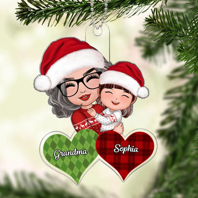 Christmas Doll Grandma Hugging Kid Checkered Pattern Hearts Gift For Granddaughter Grandson Personalized Acrylic Ornament