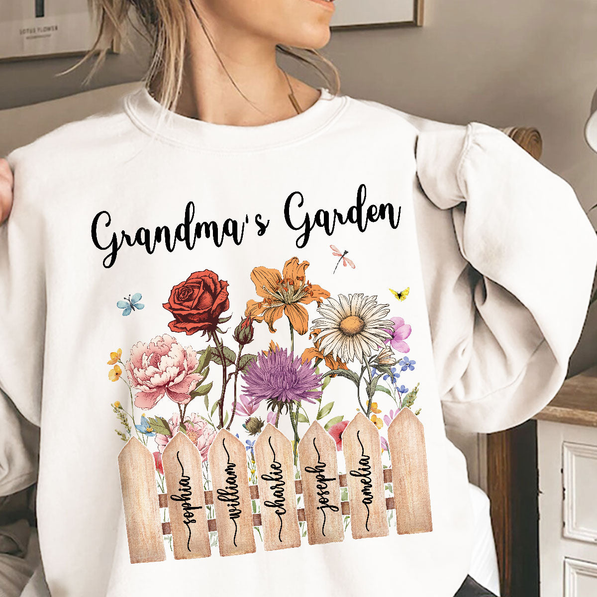 Grandma Birth Month Flower Garden Grandkids Names On Fence Personalized Shirt, Mother's Day gift for Mom, for Grandma
