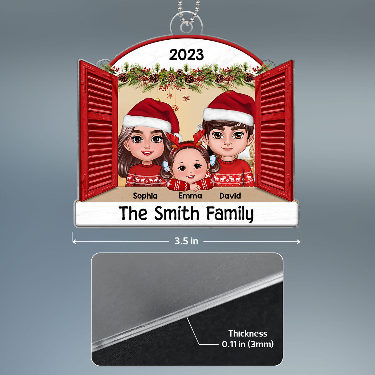 Family Looking Out Window Christmas Keepsake Personalized Acrylic Ornament