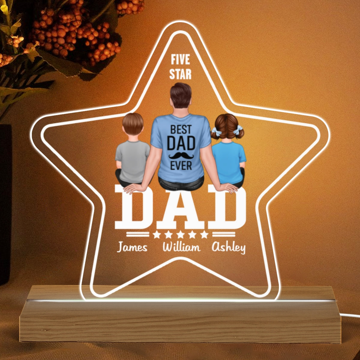 Five - Star Sitting Dad And Kids Back View Personalized Acrylic Custom Shape LED Night Light