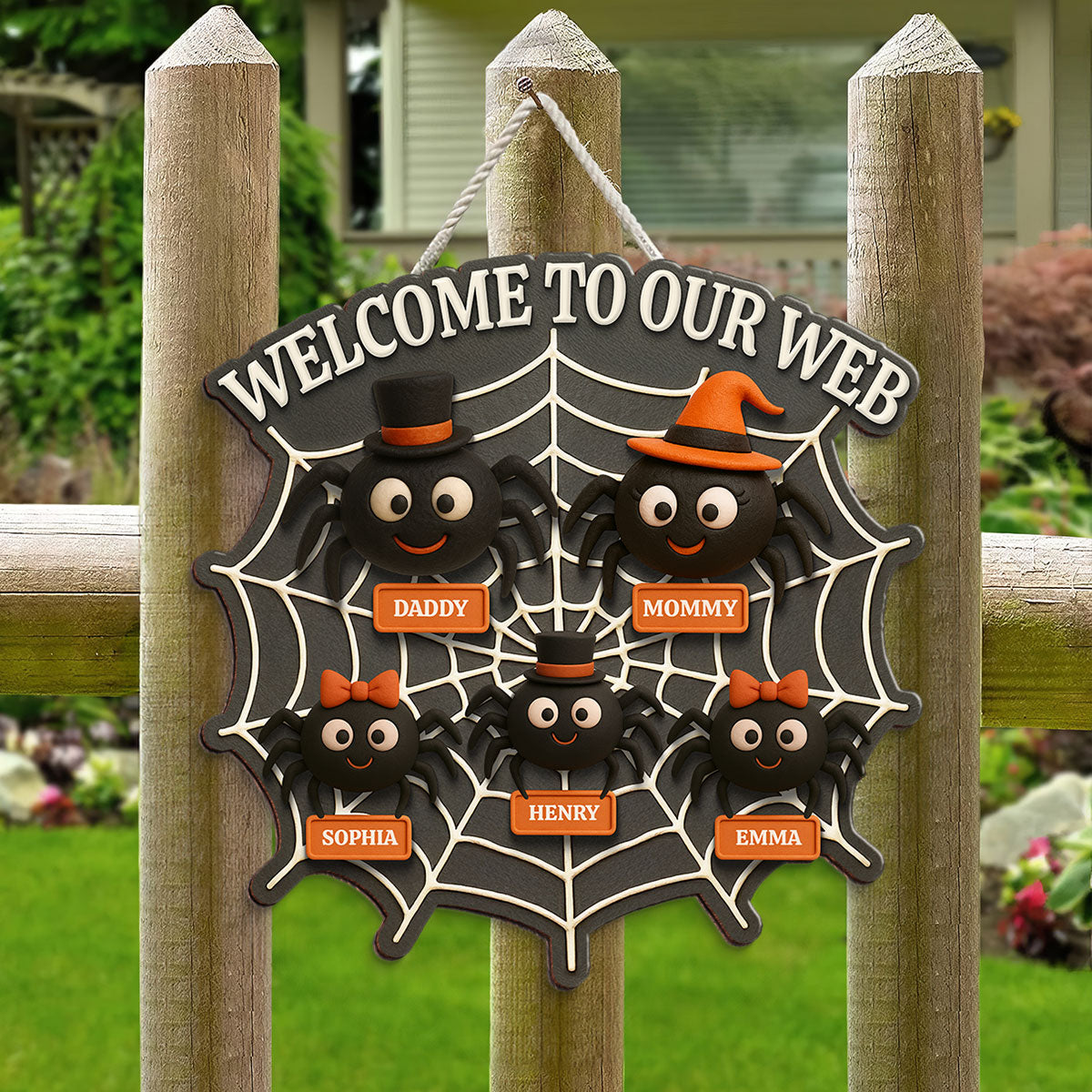 Welcome To Our Web Spiders Family 3D Effect Personalized Door Sign, Halloween Decor