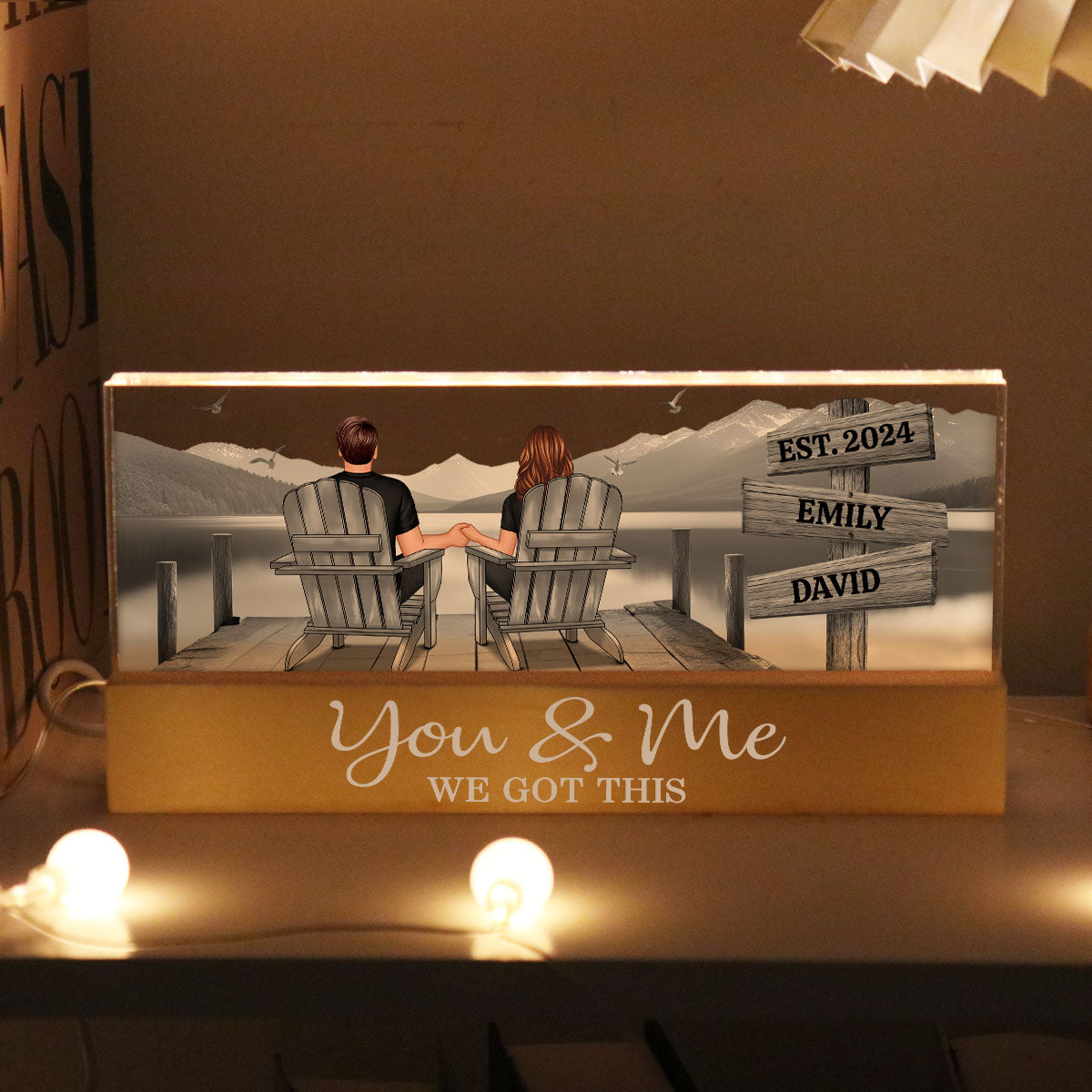 Lake Dock Couple Sitting Holding Hands Sign Posts Personalized Acrylic Block LED Night Light, Home Decoration, Gift For Her, For Him