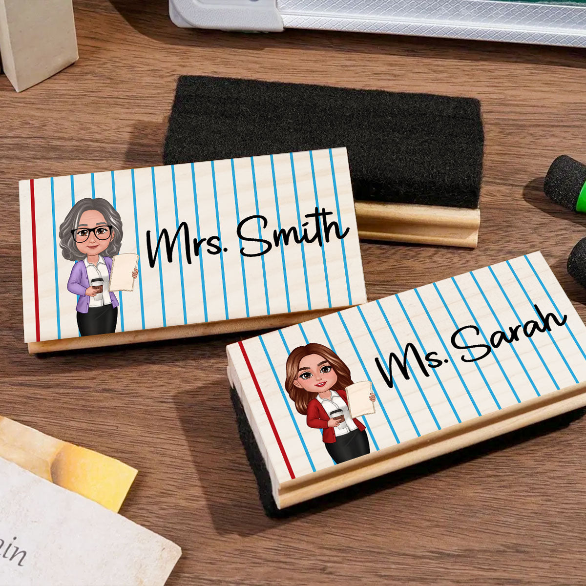 Doll Teacher Notebook Pattern Personalized Chalkboard/Whiteboard Eraser with Marker, Teacher Appreciation Gift, Back To School Gift