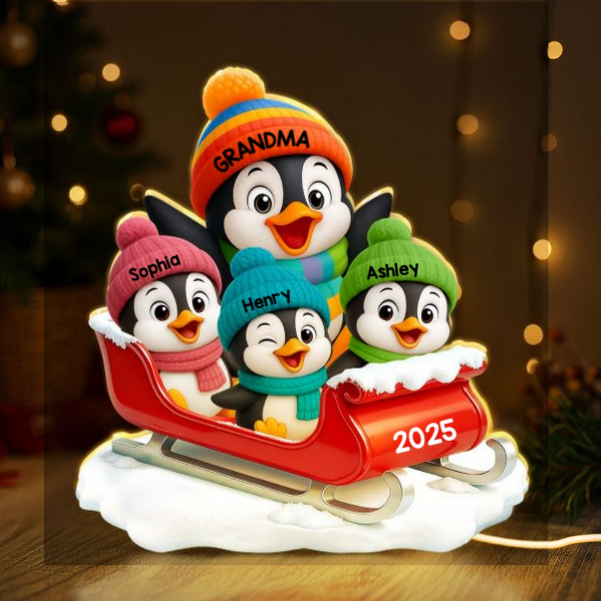 3D Effect Cute Grandma Grandkids Penguin On Sleigh - Personalized Light Box