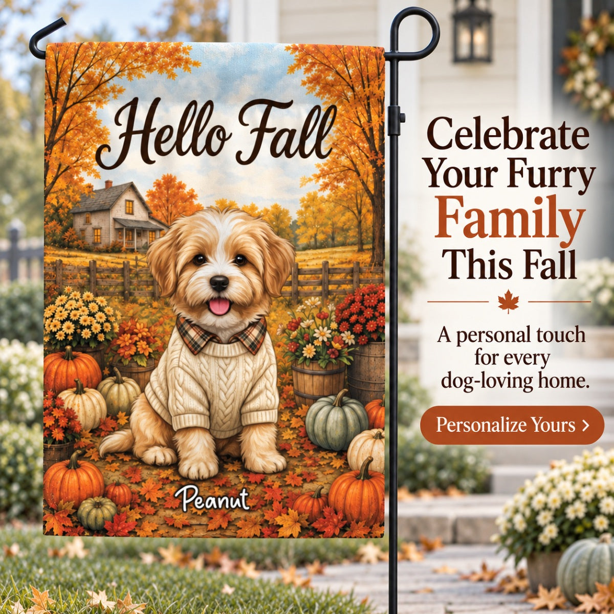 Vintage Dog Cat Hello Fall Photo Upload - Personalized Garden Flag - Fall Season Gift For Dog Mom, Cat Mom