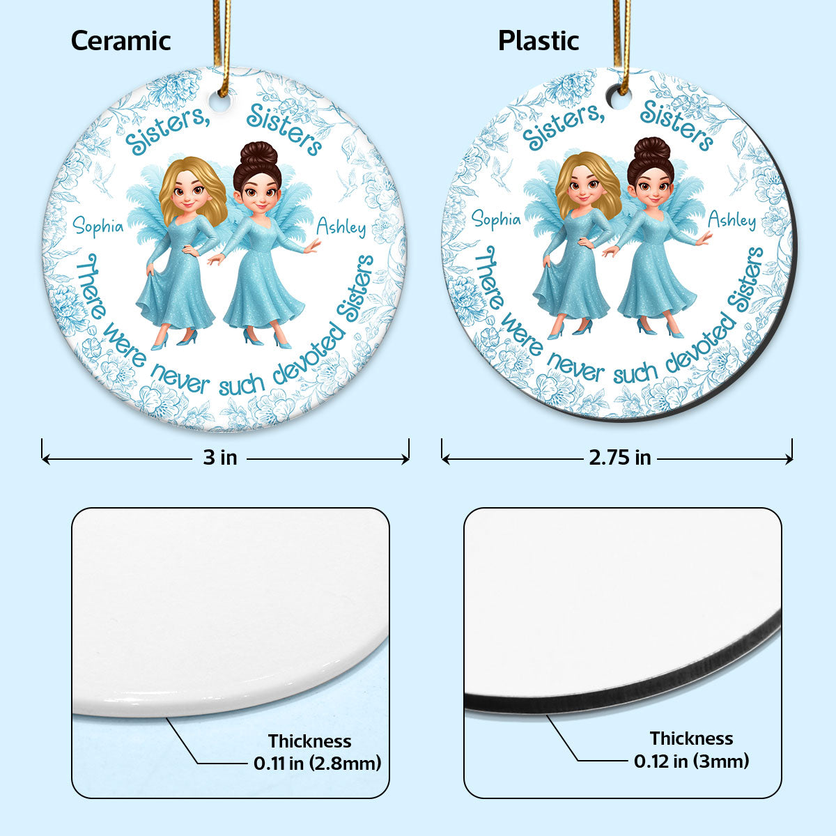 Sisters Sisters Besties in Blue Dresses Personalized Circle Ceramic Ornament